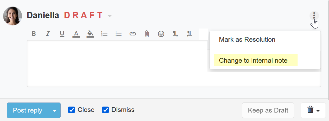 Change a public reply draft to an internal note