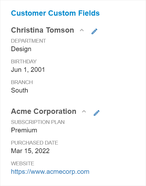 Account/contact custom fields listed under the ticket sidebar