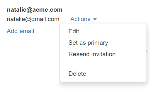 Actions menu for a user email address