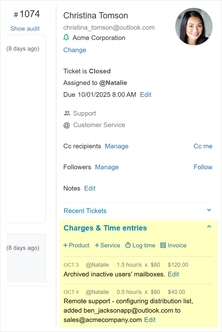 Adding charges directly from the ticket details page