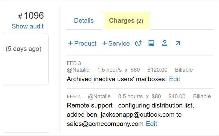 Adding charges directly from the ticket details page