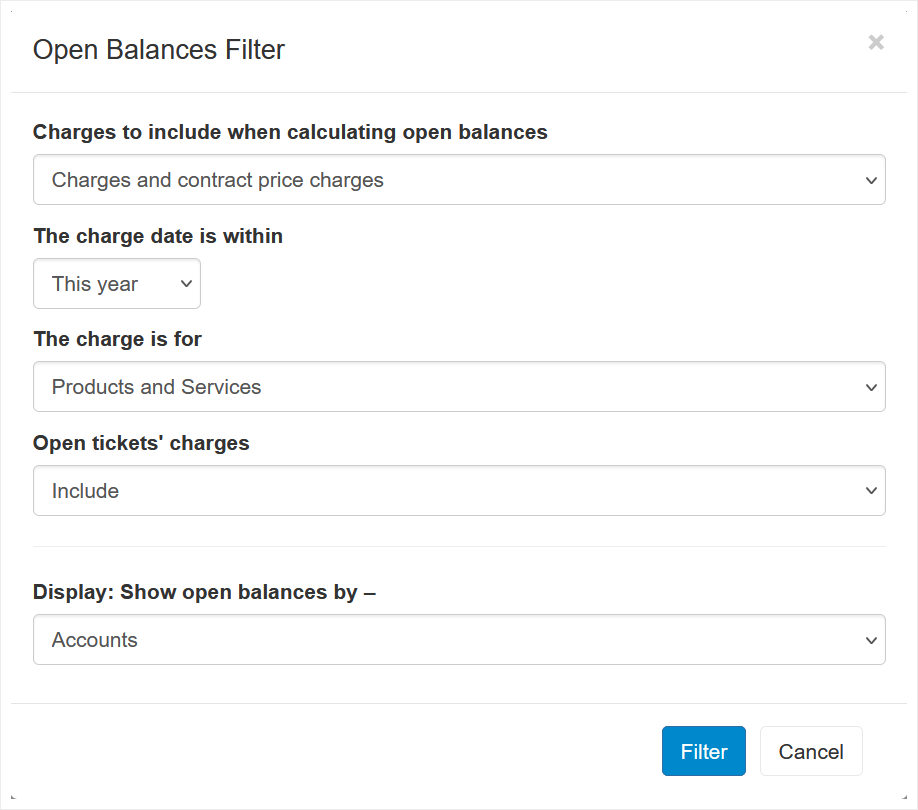 Refine the charges included in the open balances calculation