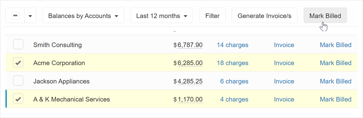 Mark charges as billed