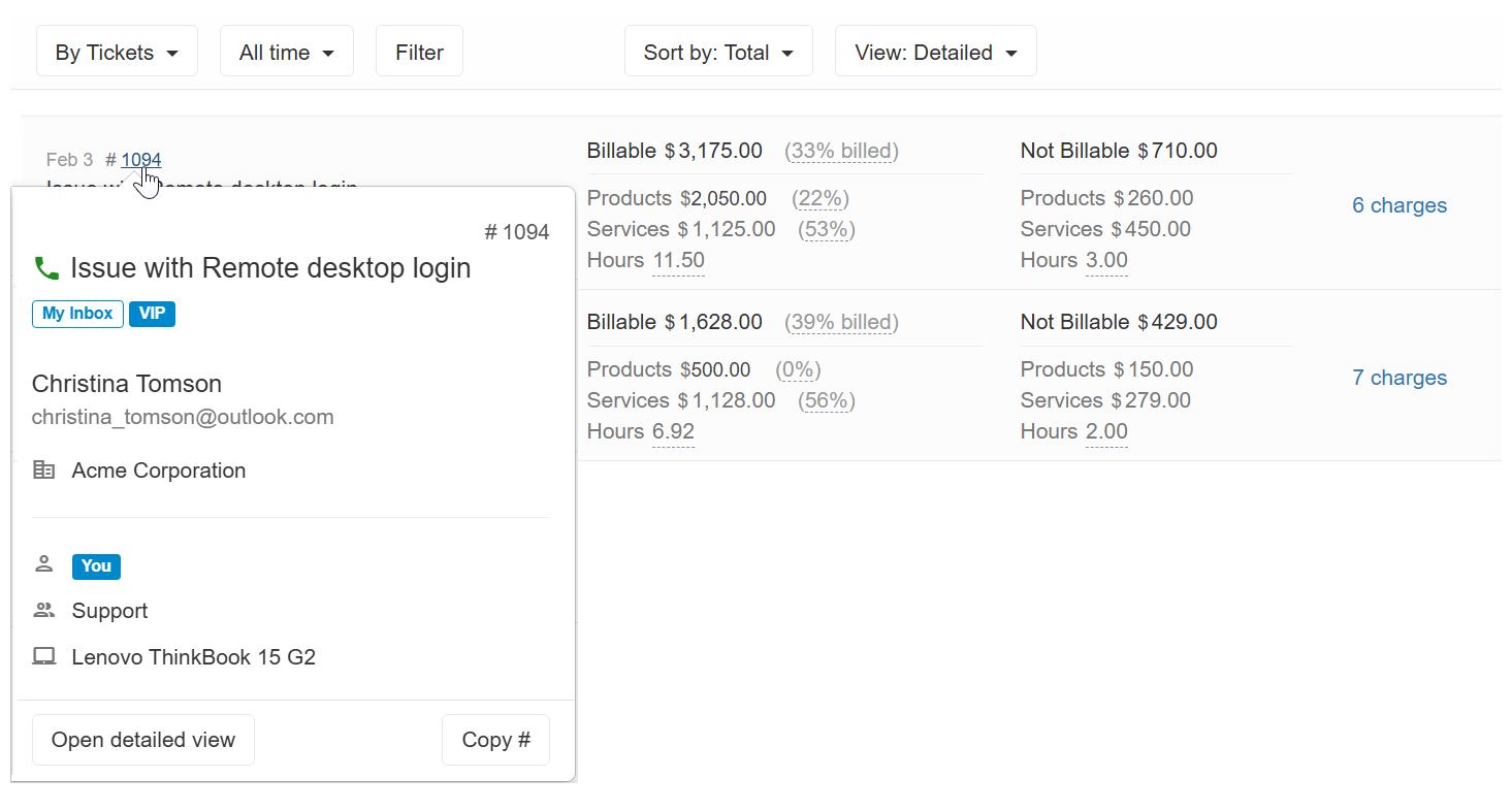 Ticket popover