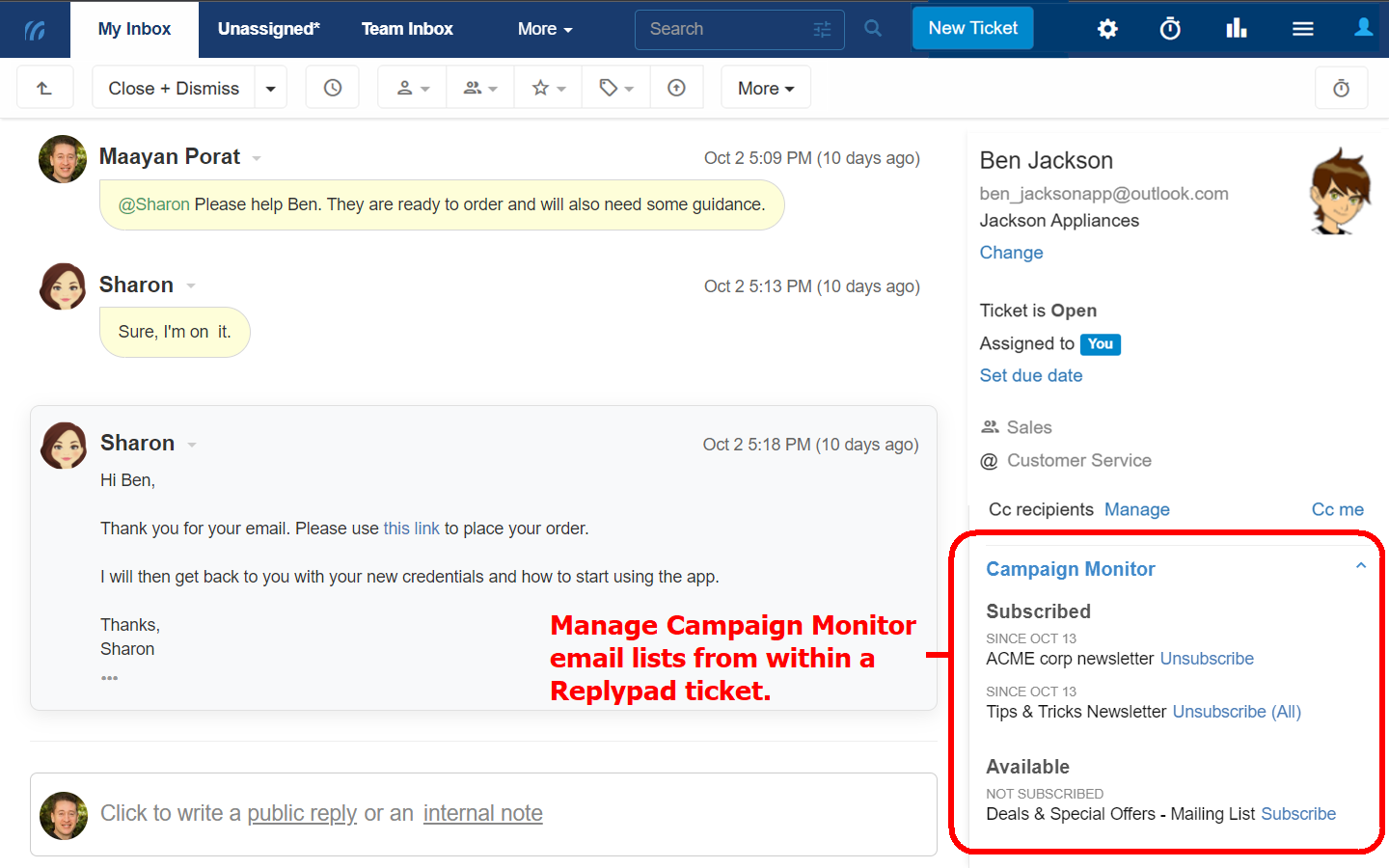 Campaign Monitor Email Lists Data within a Replypad ticket