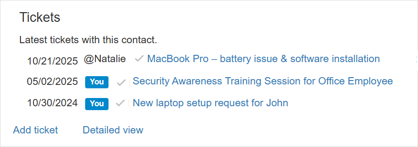 Latest tickets with the contact