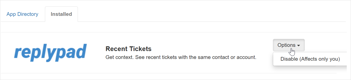 Disable the recent tickets app for yourself