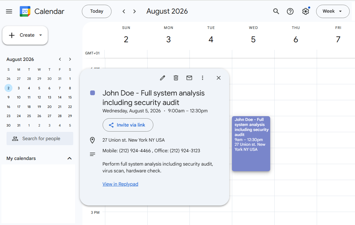 Google Calendar displaying a scheduled event with data from a Replypad ticket.
