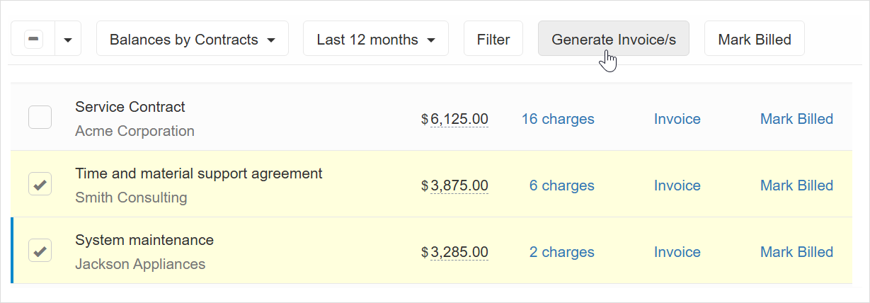 Generate an invoice for the customer specific contract
