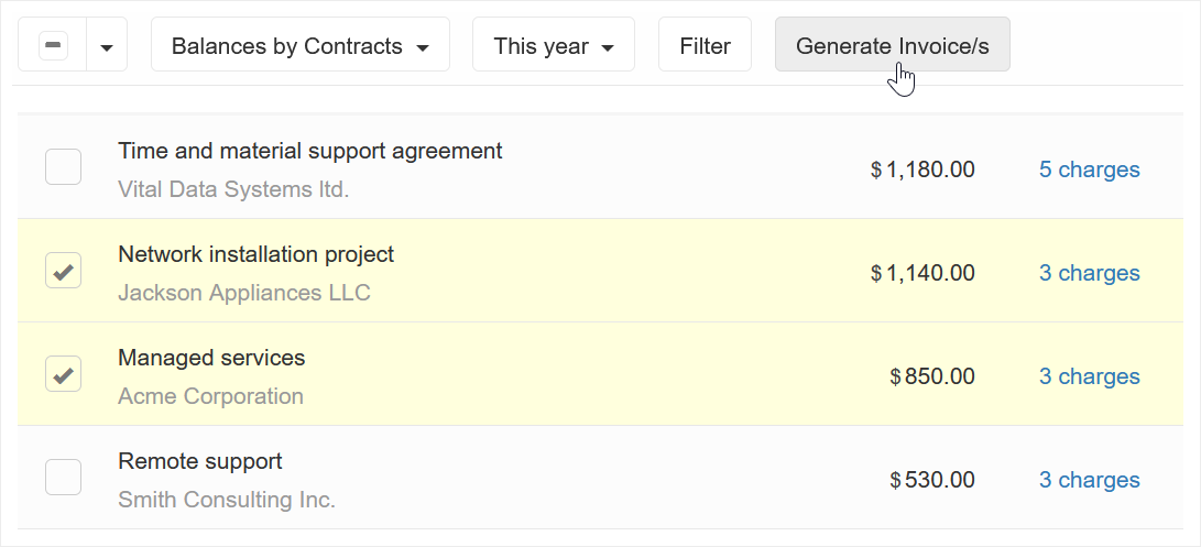 Generate an invoice for the customer specific contract