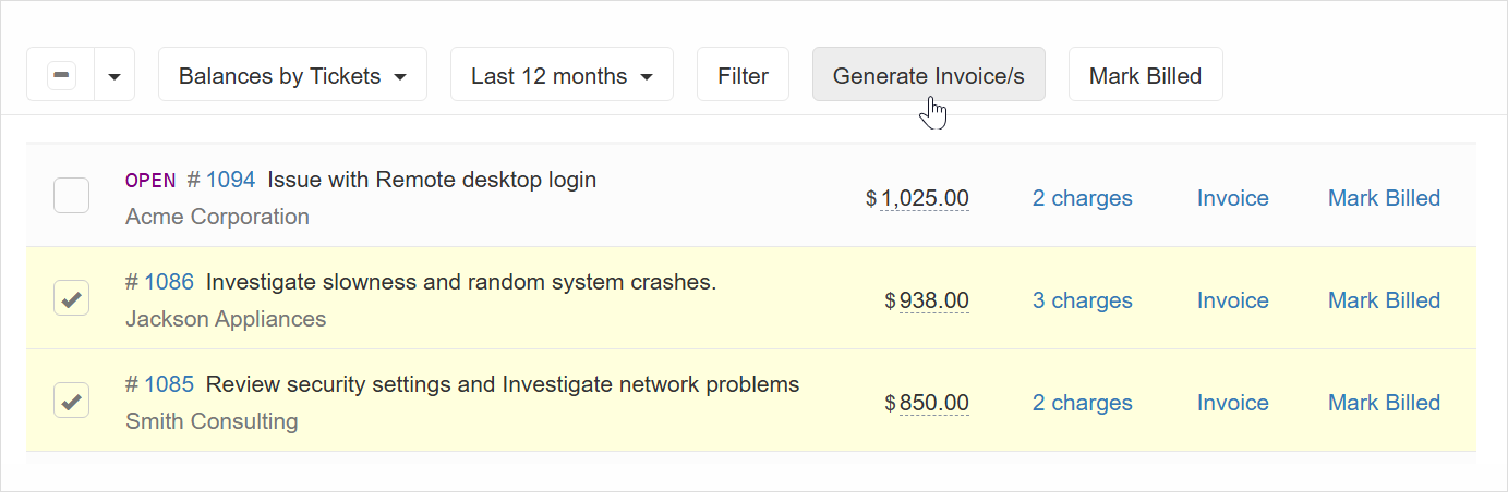 Generate an invoice for the specific ticket