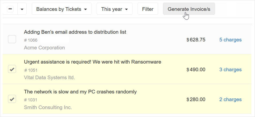 Generate an invoice for the specific ticket