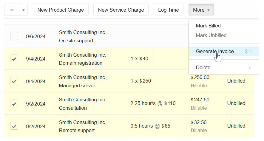 Generate an invoice for specific charges for a customer