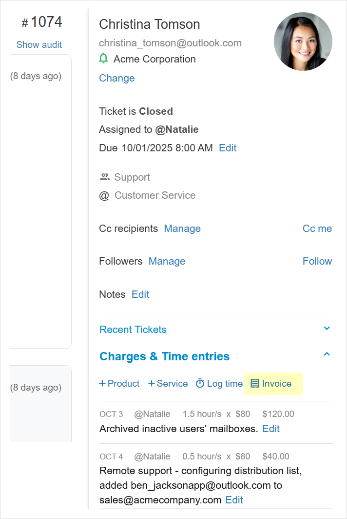 Generate an invoice for all charges associated with a particular ticket
