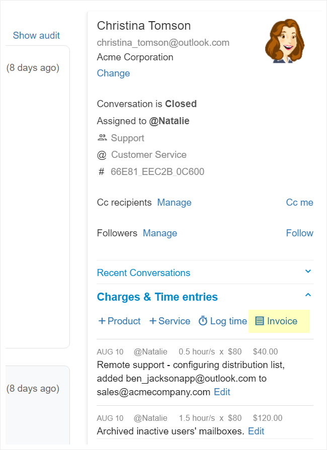 Generate an invoice for all charges associated with a particular conversation: