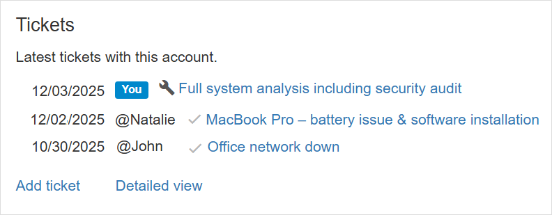 Latest tickets with the account