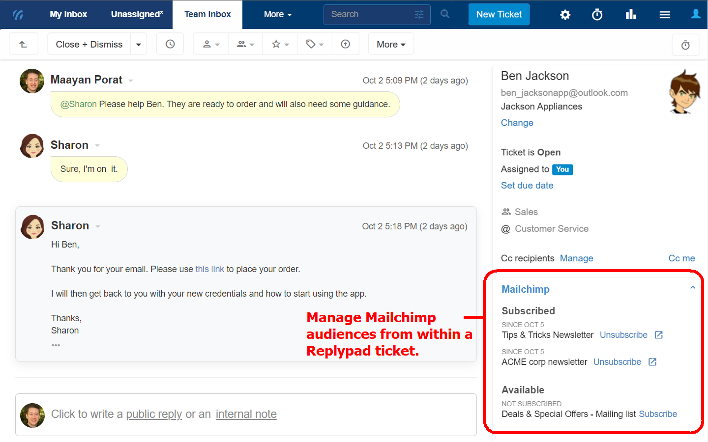 Mailchimp Audience Data within a Replypad ticket