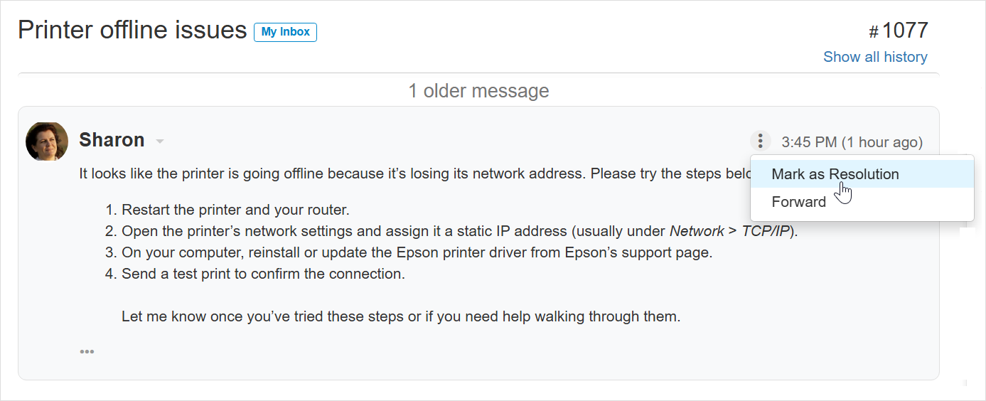Marking a message as a resolution