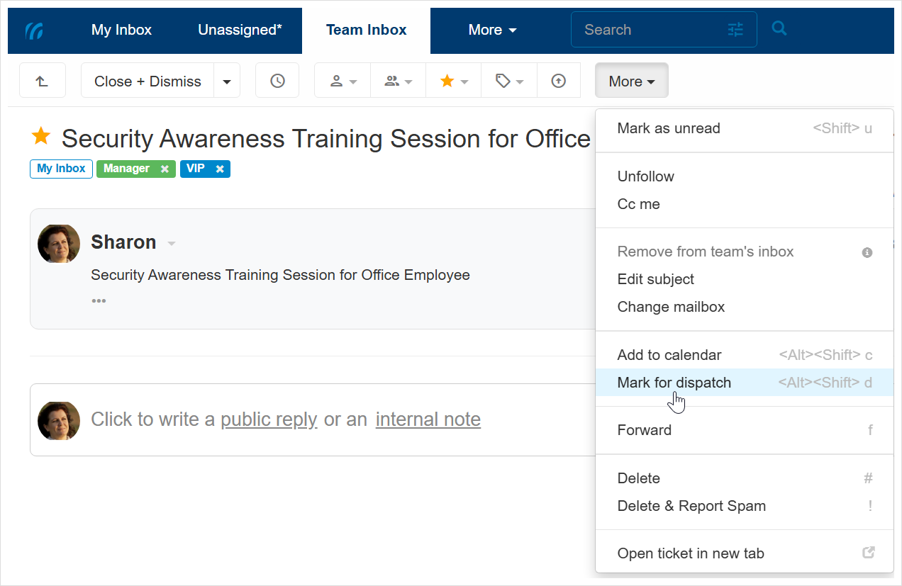 Mark a ticket for dispatch