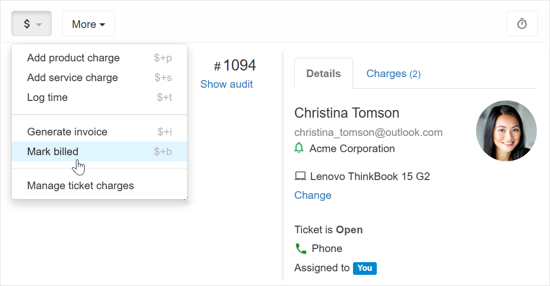 Mark ticket charges as billed