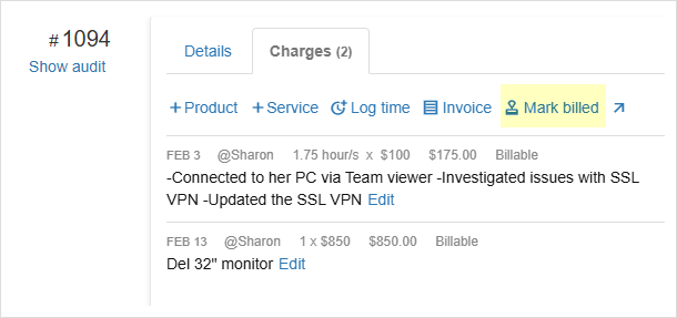 Mark ticket charge as billed