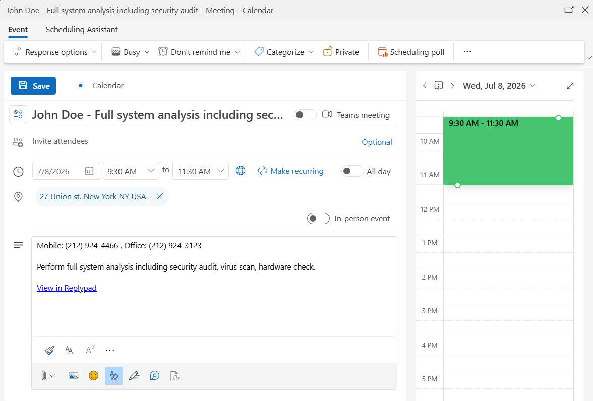 Microsoft Office 365 Calendar displaying a scheduled event with data from a Replypad ticket.