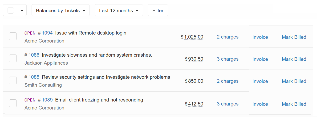 Open balances by tickets