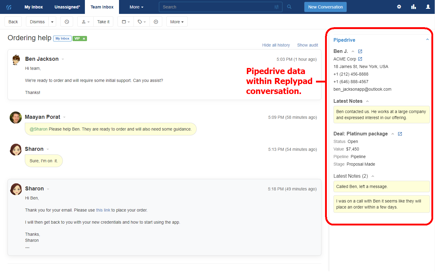 Pipedrive CRM data within Replypad Conversation