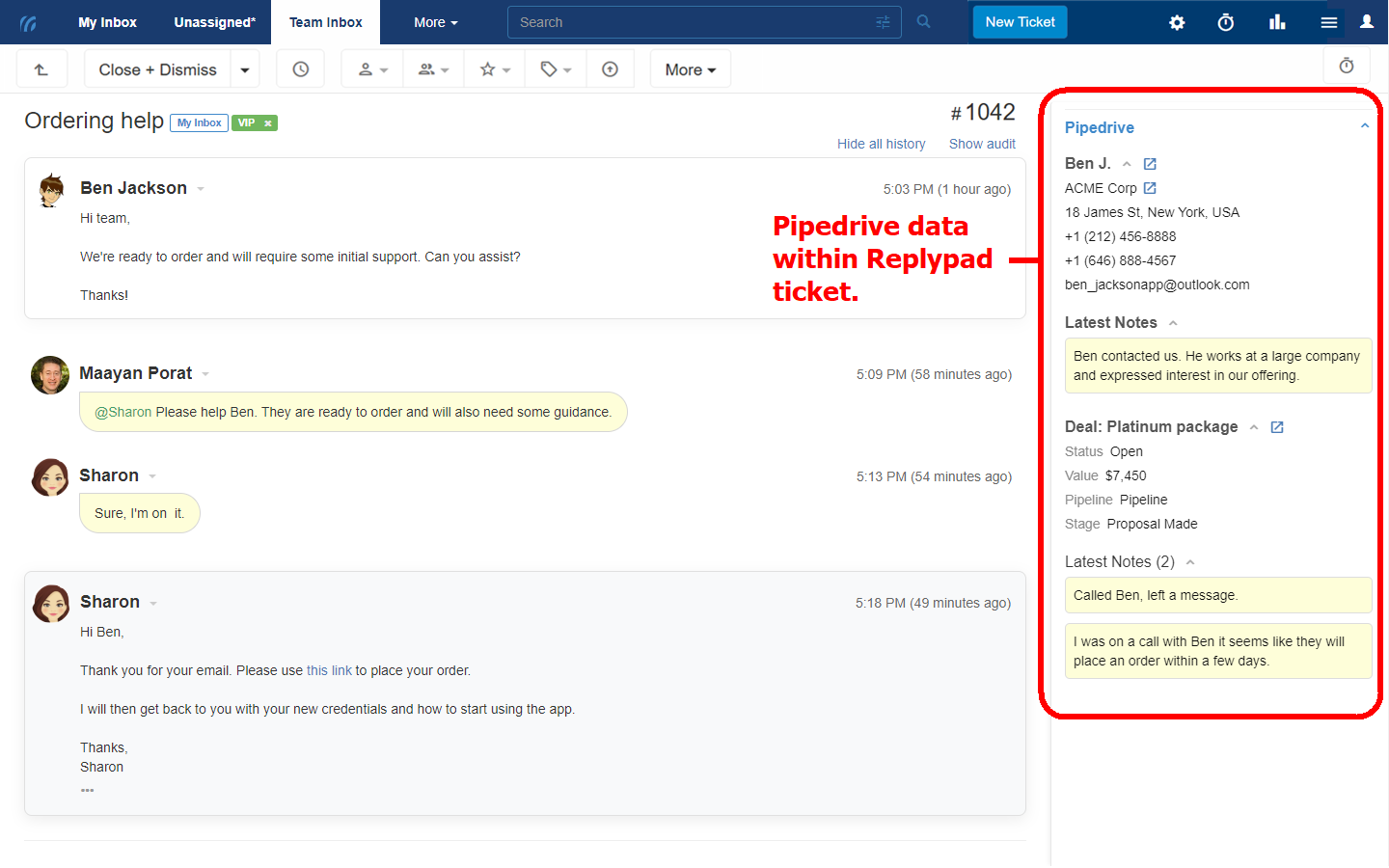 Pipedrive CRM data within Replypad ticket