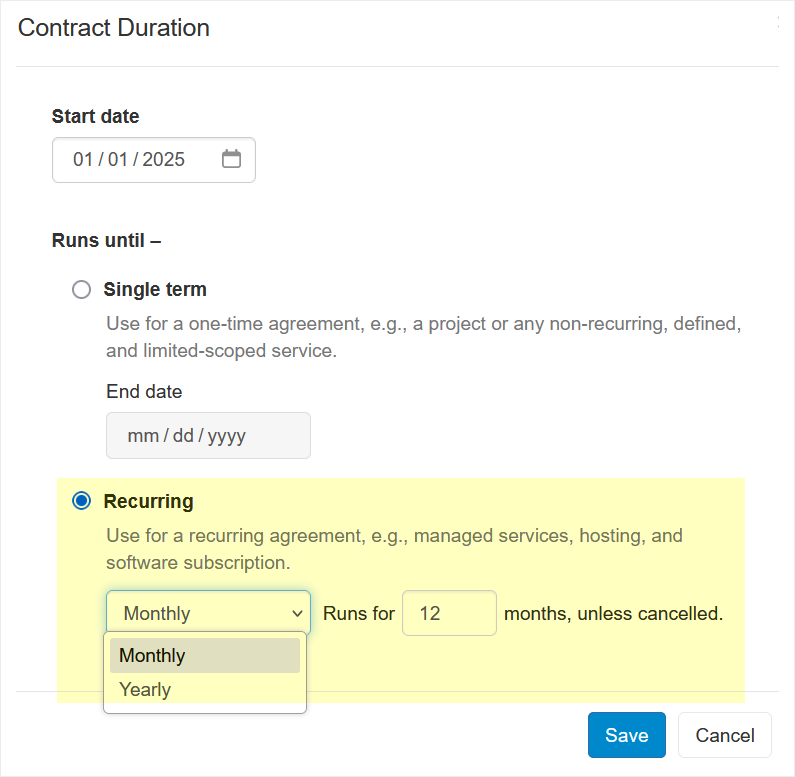 Configure recurring contract duration