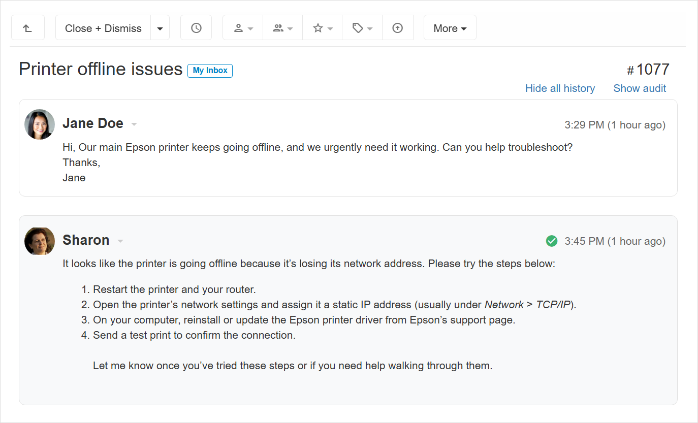 Message marked as resolution in the ticket details
