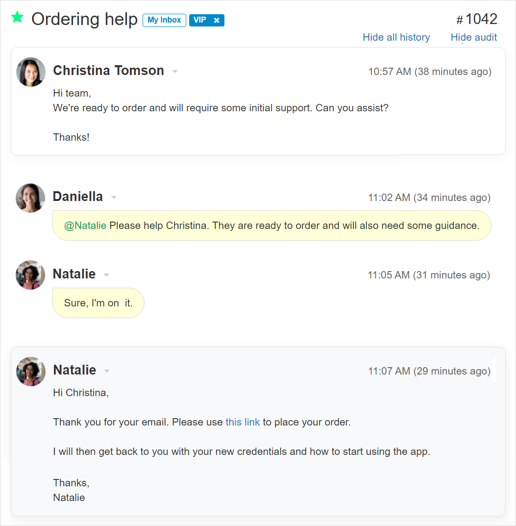 A ticket thread with posts and replies