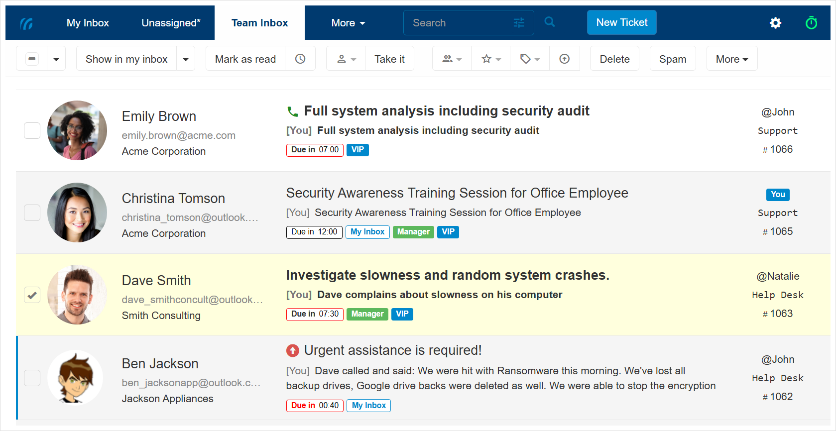 Tickets listed under the team inbox