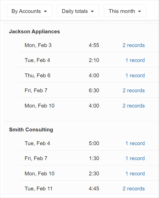 Time log report with daily totals by accounts