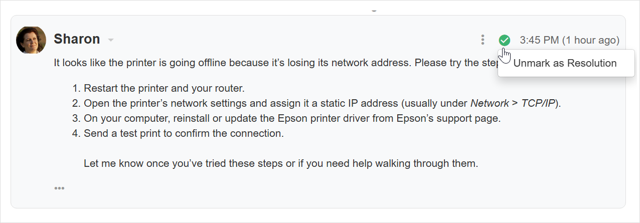 Unmark a message as resolution