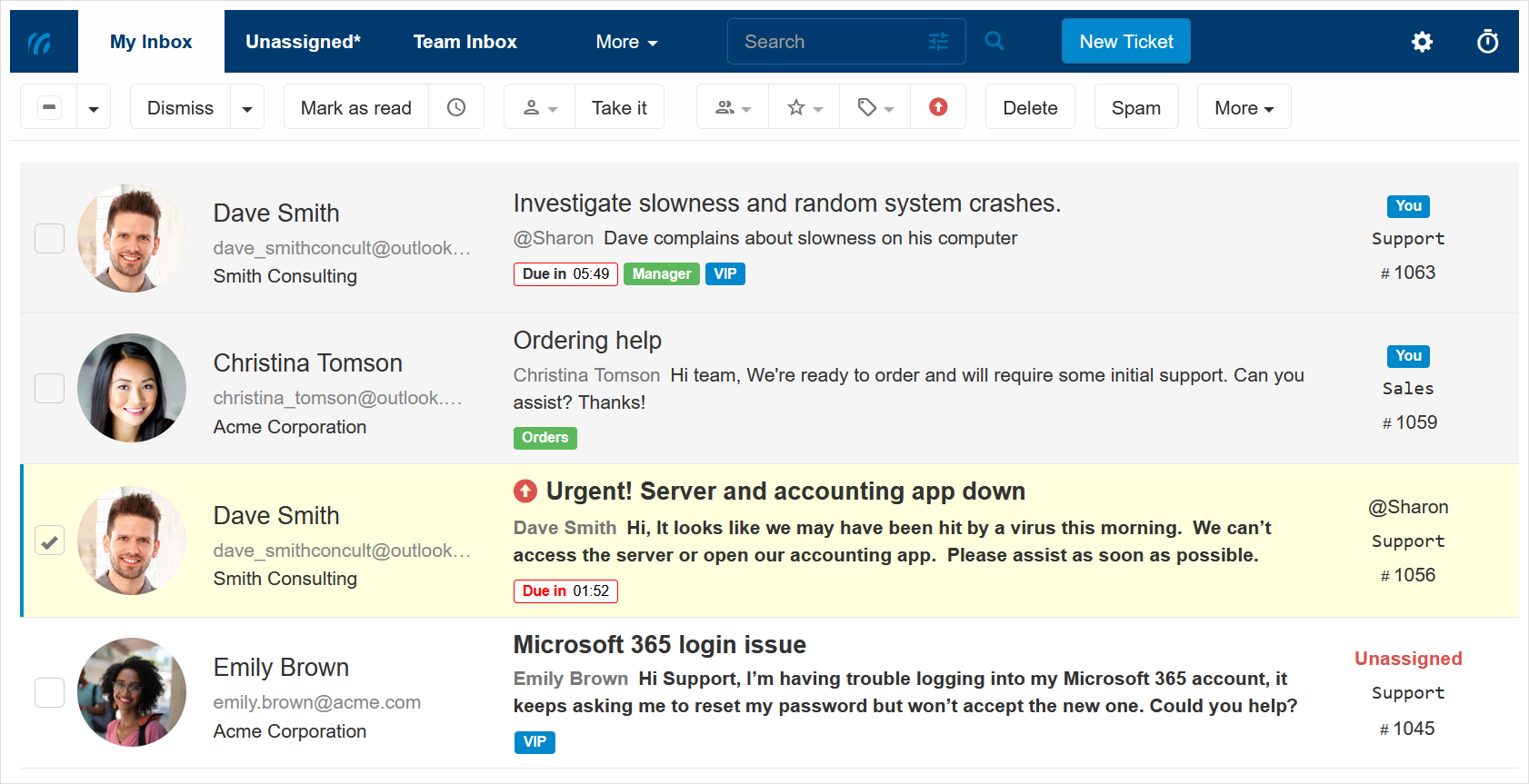 My inbox shows all tickets relevant to you
